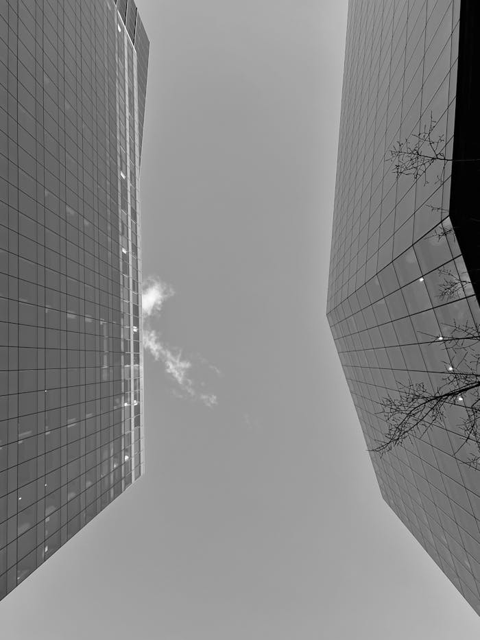 Services-03 Looking up between modern skyscrapers with a minimalist sky in black and white.